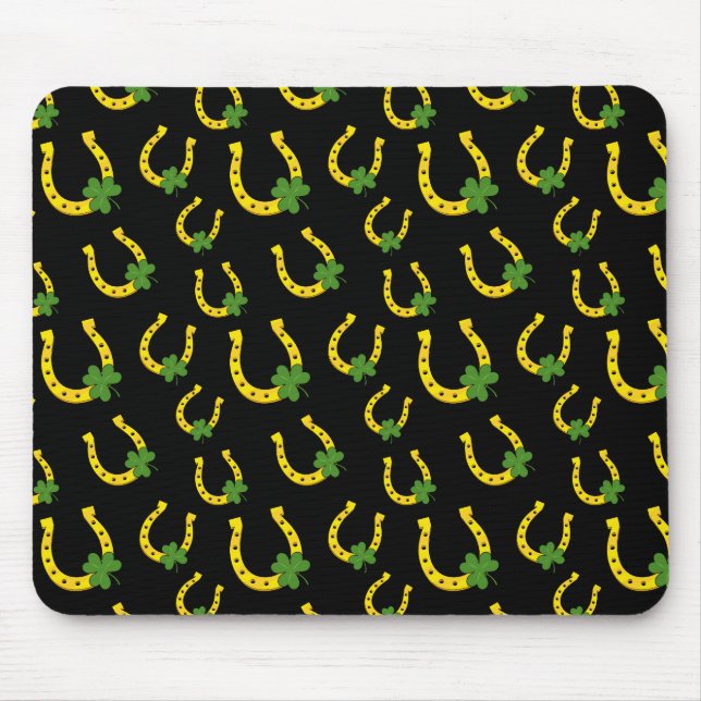 Lucky Golden Horseshoe with Shamrock on Black Mouse Mat (Front)