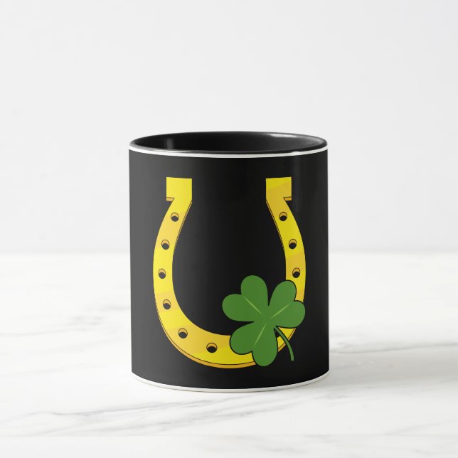 Lucky Golden Horseshoe with Shamrock on Black Mug (Center)