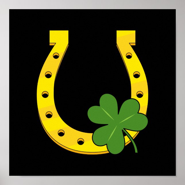 Lucky Golden Horseshoe with Shamrock on Black Poster (Front)
