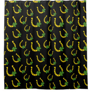 Lucky Golden Horseshoe with Shamrock on Black Shower Curtain