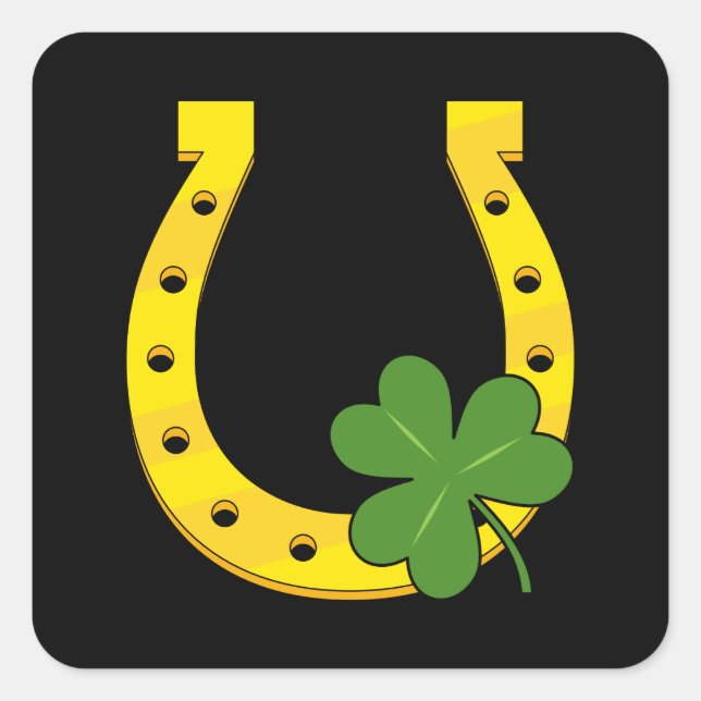 Lucky Golden Horseshoe with Shamrock on Black Square Sticker (Front)