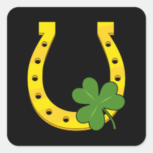 Lucky Golden Horseshoe with Shamrock on Black Square Sticker