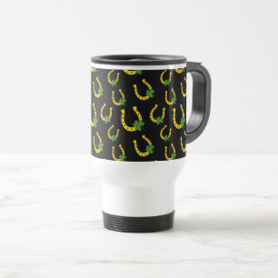 Lucky Golden Horseshoe with Shamrock on Black Travel Mug