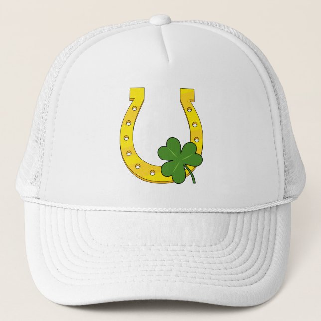 Lucky Golden Horseshoe with Shamrock on Black Trucker Hat (Front)