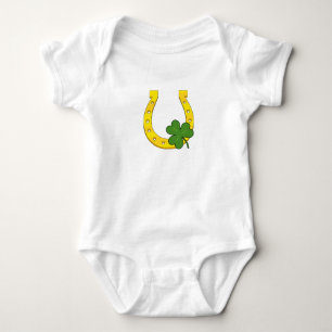 Lucky Golden Horseshoe with Shamrock on White Baby Bodysuit
