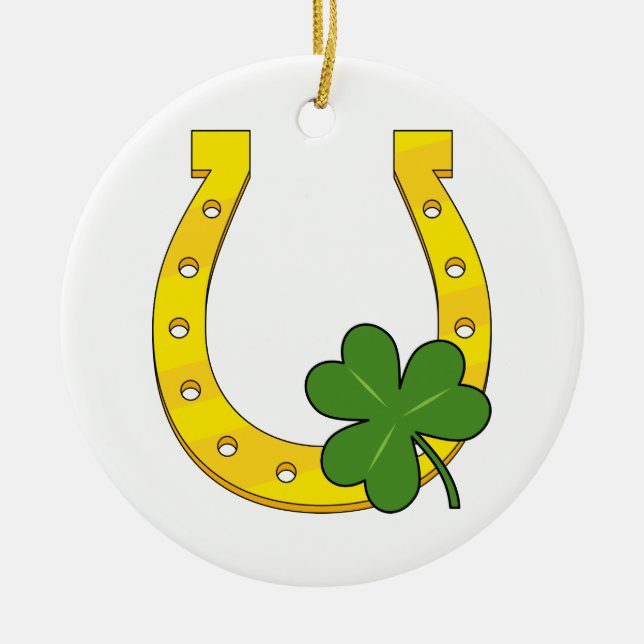 Lucky Golden Horseshoe with Shamrock on White Ceramic Tree Decoration (Front)