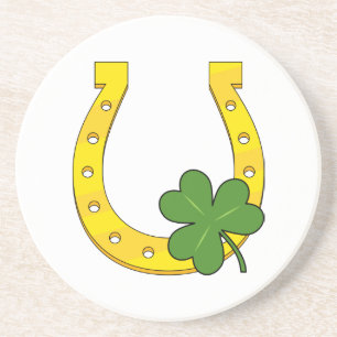 Lucky Golden Horseshoe with Shamrock on White Coaster