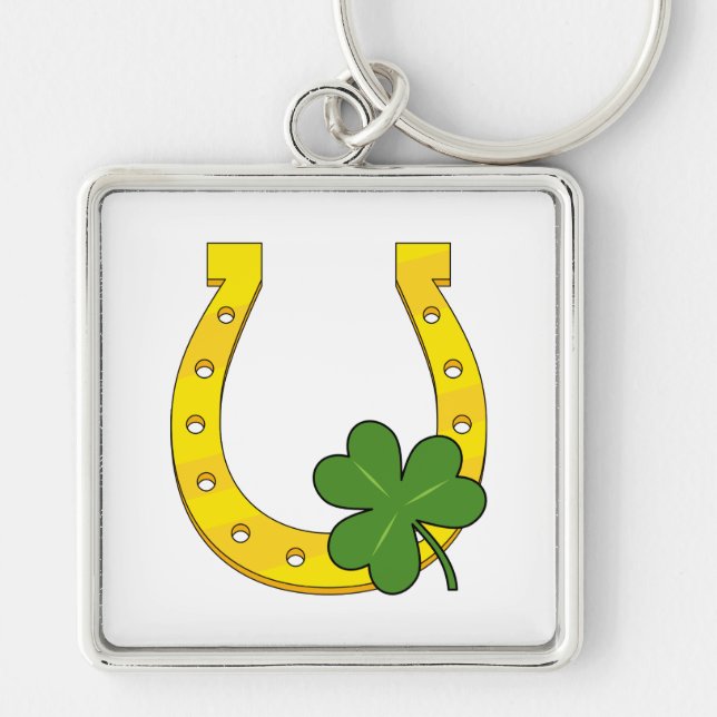 Lucky Golden Horseshoe with Shamrock on White Key Ring (Front)