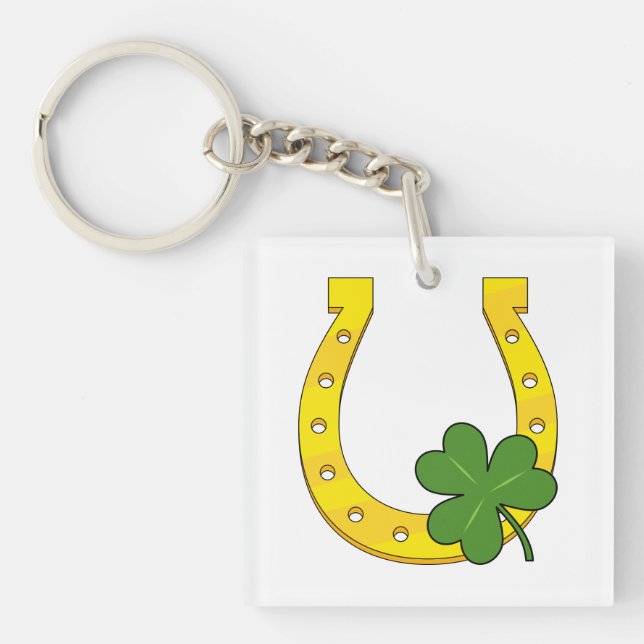 Lucky Golden Horseshoe with Shamrock on White Key Ring (Front)