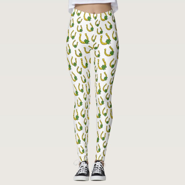 Lucky Golden Horseshoe with Shamrock on White Leggings (Front)