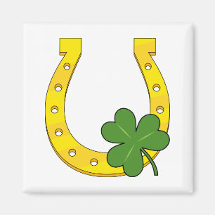 Lucky Golden Horseshoe with Shamrock on White Magnet