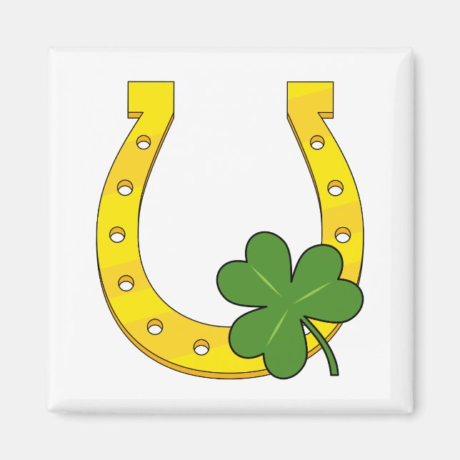 Lucky Golden Horseshoe with Shamrock on White Magnet (Front)