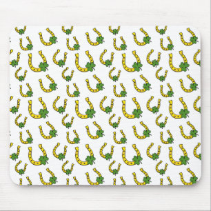 Lucky Golden Horseshoe with Shamrock on White Mouse Mat
