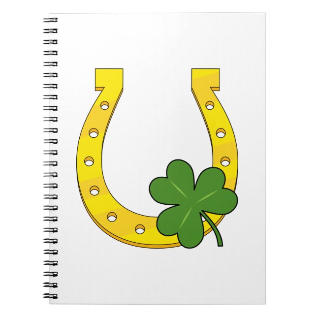 Lucky Golden Horseshoe with Shamrock on White Notebook (Front)