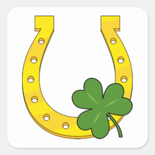 Lucky Golden Horseshoe with Shamrock on White Square Sticker