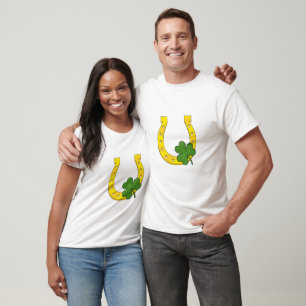 Lucky Golden Horseshoe with Shamrock on White T-Shirt