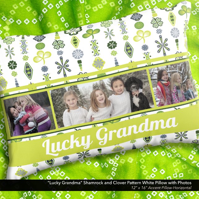 "Lucky Grandma" Shamrock Clover Pattern Photo Decorative Cushion ("Lucky Grandma" Shamrock and Clover Pattern Pillow: Personalize with six different photos)