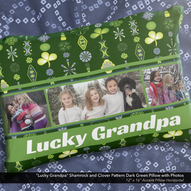 "Lucky Grandpa" Shamrock Clover Dark Green Photo Decorative Cushion ("Lucky Grandpa" Shamrock and Clover Dark Green Pattern Pillow: Personalize with six different photos)