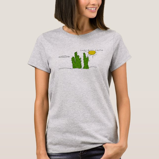 Lucky Green Cactus Doodle Funky T-Shirt Top (Front)