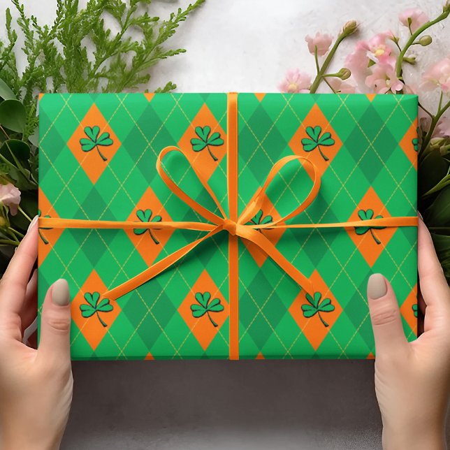 Lucky Green Clover Argyle St. Patrick's Day Wrapping Paper (Lucky Clover Irish Argyle Pattern Wrapping Paper. Green and Orange Diamonds with Yellow Dotted Line.)