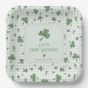 Lucky Green Clovers & Hearts 1st Birthday Party Paper Plate