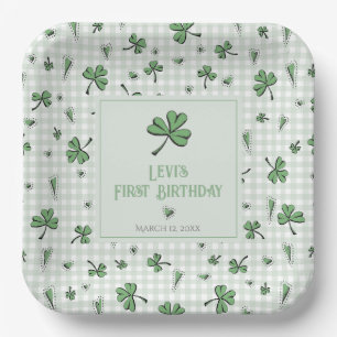 Lucky Green Clovers & Hearts Kids Birthday Sqare Paper Plate