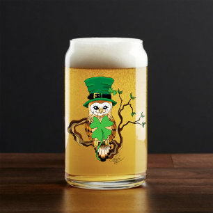 Lucky Green Cute Irish Owl Illustration Can Glass