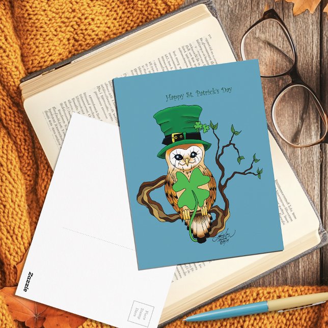 Lucky Green Cute Irish Owl Illustration Postcard (Creator Uploaded)