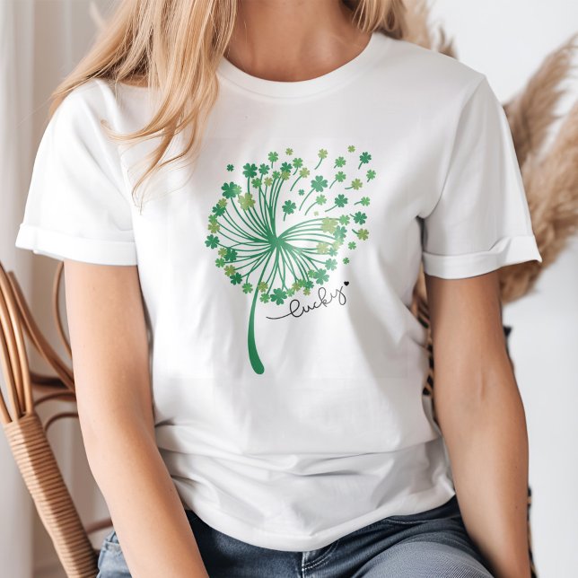 Lucky Green Dandelion with Shamrocks  T-Shirt (Young woman wearing a Lucky Green Dandelion with Shamrocks T-Shirt.)