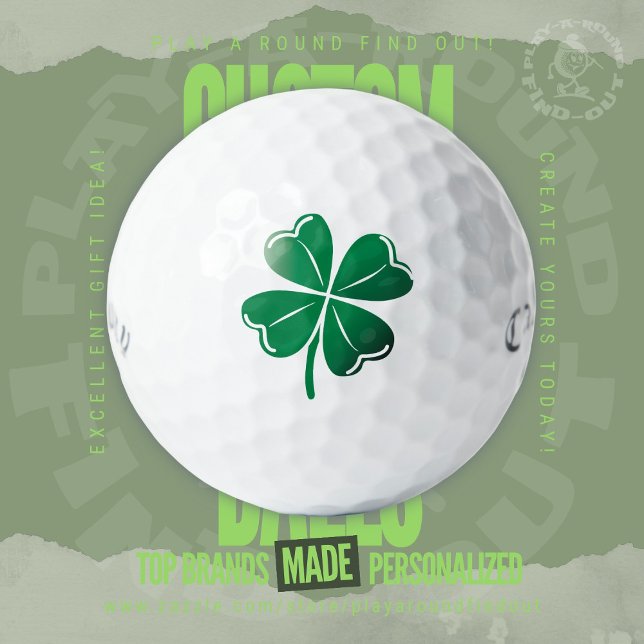 Lucky Green Four Leaf Clover Shamrock St Patrick's Golf Balls (Custom Printed Brand Name Golf Balls By PlayARoundFindOut - Zazzle's premiere golf gift shop)