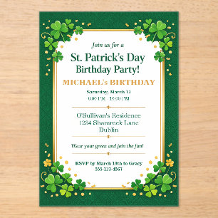 Lucky Green Gold Festive Shamrock Clover Birthday  Acrylic Invitations