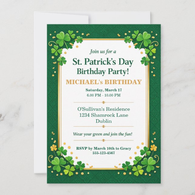 Lucky Green Gold Festive Shamrock Clover Birthday  Invitation (Front)