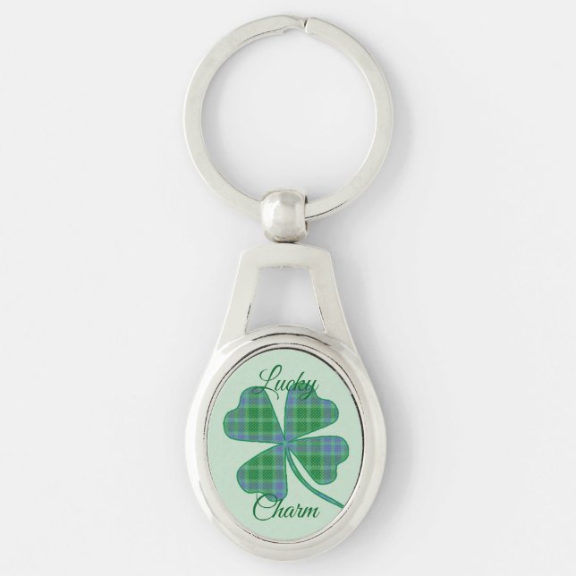 Lucky Green Plaid Shamrock Four-Leaf Clover  Key Ring (Front)
