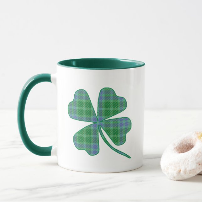 Lucky Green Plaid Shamrock Four-Leaf Clover  Mug (With Donut)