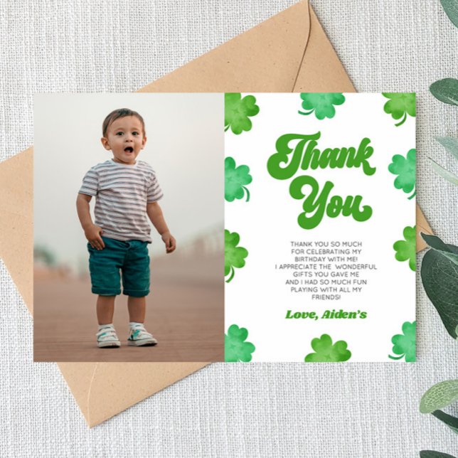 Lucky Green Shamrock Clover Picture Birthday Party Thank You Card (Creator Uploaded)
