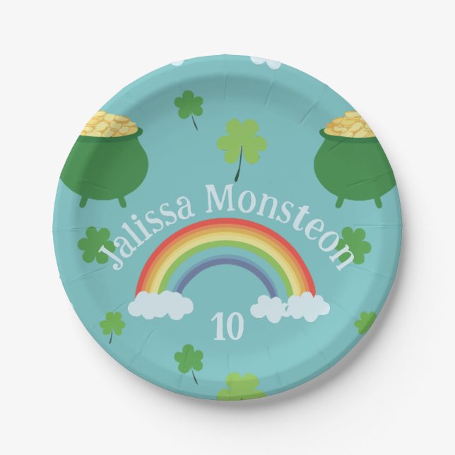 Lucky Green Shamrock Colourful Rainbow Pot of Gold Paper Plate (Front)