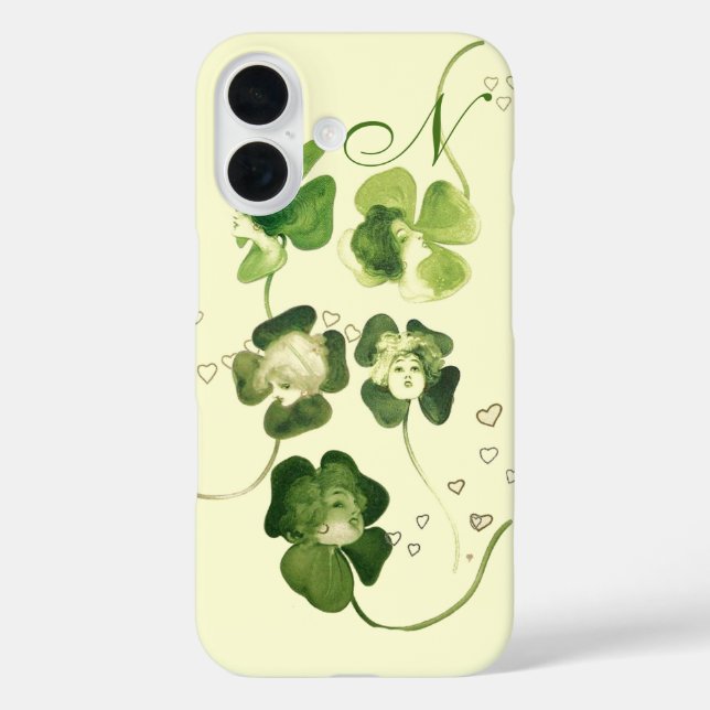 LUCKY GREEN SHAMROCK LADIES WITH HEARTS Monogram Case-Mate iPhone Case (Back)