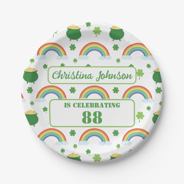 Lucky Green Shamrock St Patricks Day Rainbow Paper Plate (Front)