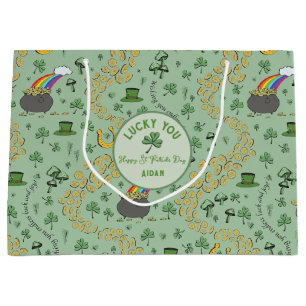 Lucky Green St Patricks Day Luck & Joy Custom Large Gift Bag