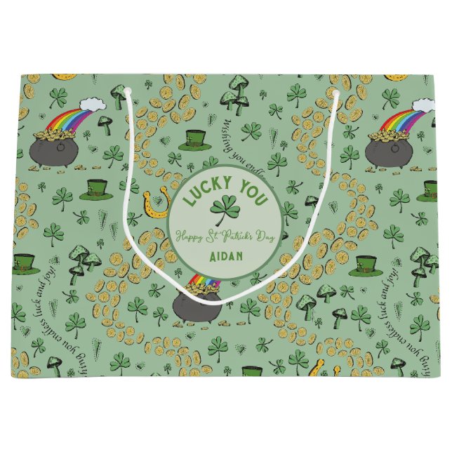 Lucky Green St Patricks Day Luck & Joy Custom Large Gift Bag (Front)