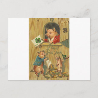 lucky horse shoe and pigs postcard