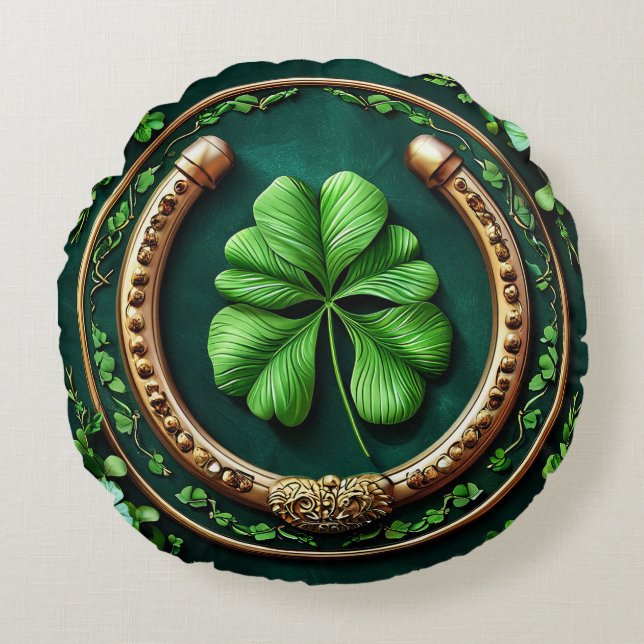 Lucky Horseshoe and Clover Design Round Cushion (Front)