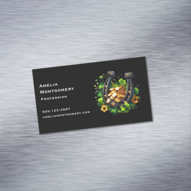 Lucky Horseshoe and Gold Coins St. Patrick's Day Magnetic Business Card (In Situ)