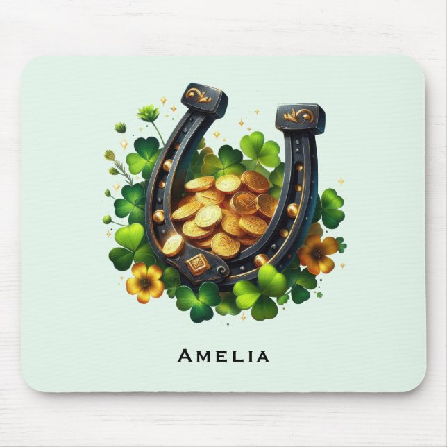 Lucky Horseshoe and Gold Coins St. Patrick's Day Mouse Mat (Front)