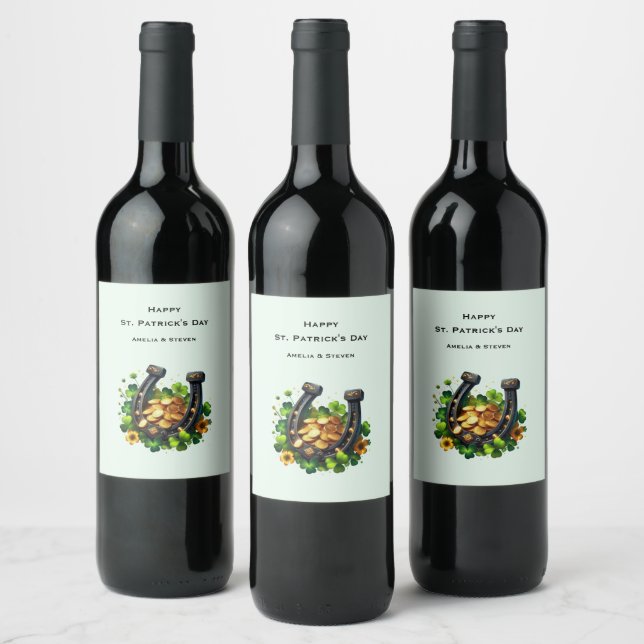 Lucky Horseshoe and Gold Coins St. Patrick's Day Wine Label (Bottles)
