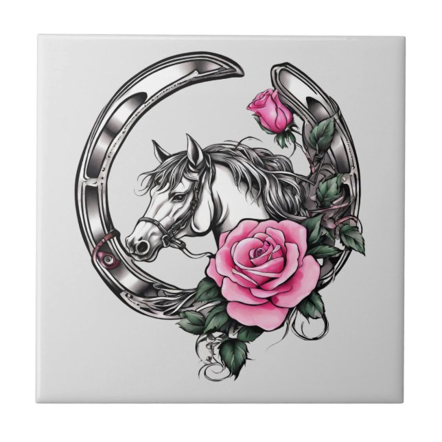 Lucky Horseshoe and Pink Roses  Tile (Front)