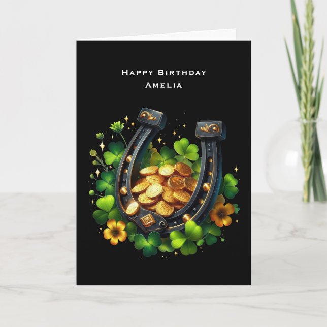 Lucky Horseshoe Gold Coins and Clover Birthday Card (Front)
