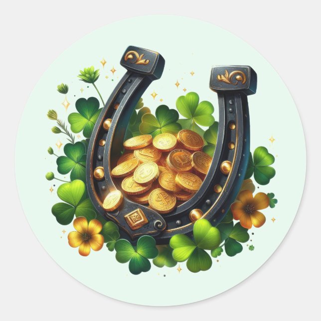 Lucky Horseshoe Gold Coins and Clover Classic Round Sticker (Front)