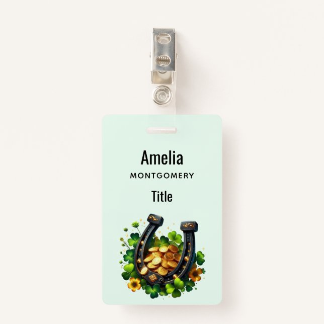  Lucky Horseshoe Gold Coins and Clover ID Badge (Front with Clip)