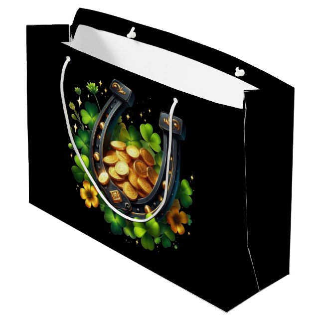 Lucky Horseshoe Gold Coins and Clover Large Gift Bag (Back Angled)